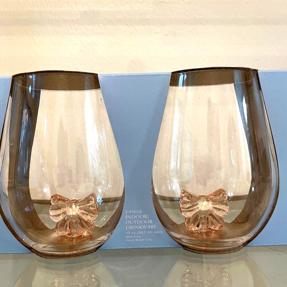 Pink Bow Coquette Acrylic Stemless Wine Glasses 19oz Set of 2 Soho Loft New - Picture 8 of 10